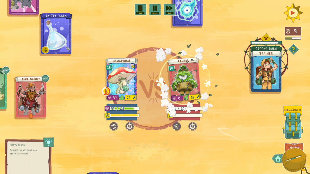 Stackmon cards battling in a desert setting