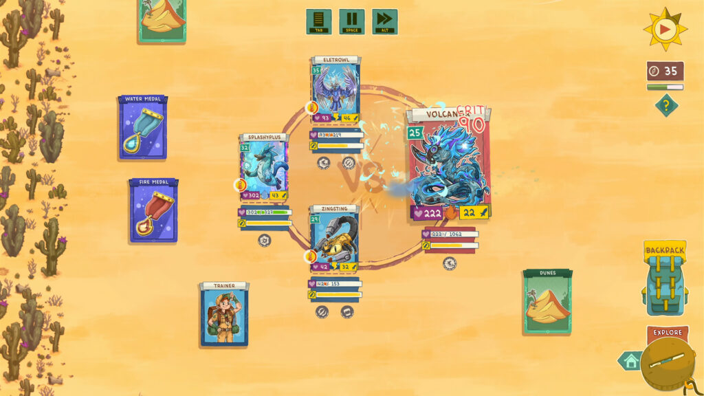 Three stackmon fighting a larger creature in battle on a desert backdrop