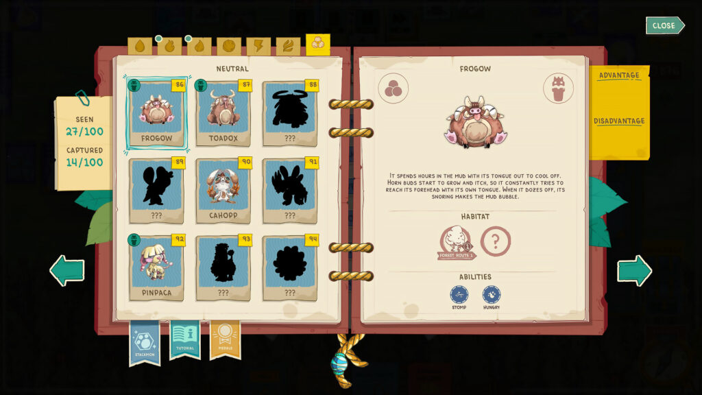 The Staxmon Stackpedia showing all the creatures you can catch in a book format