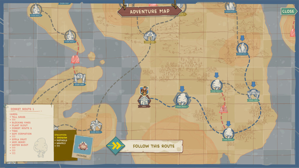 The Stackmon adventure map highlighting points and obstacles 