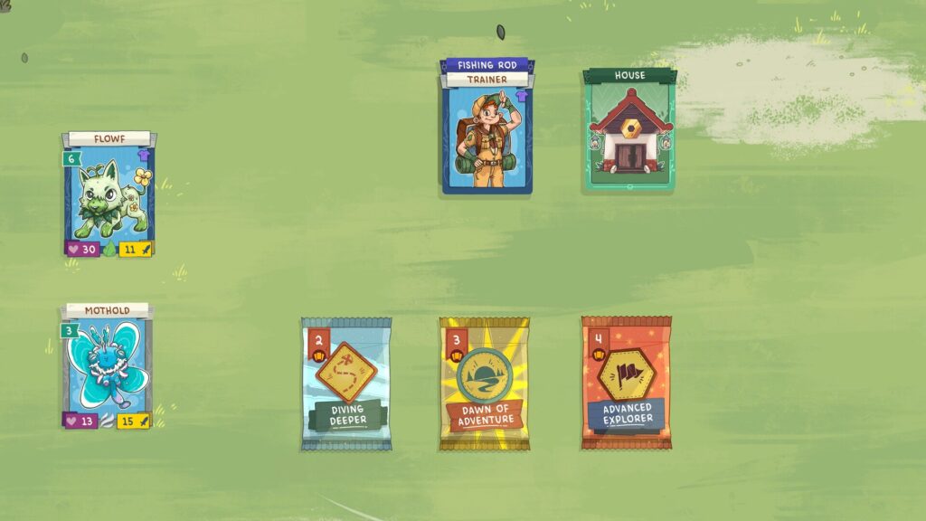 The Stackmon game board with three booster packs and two creature cards showing cute and concise details for their stats