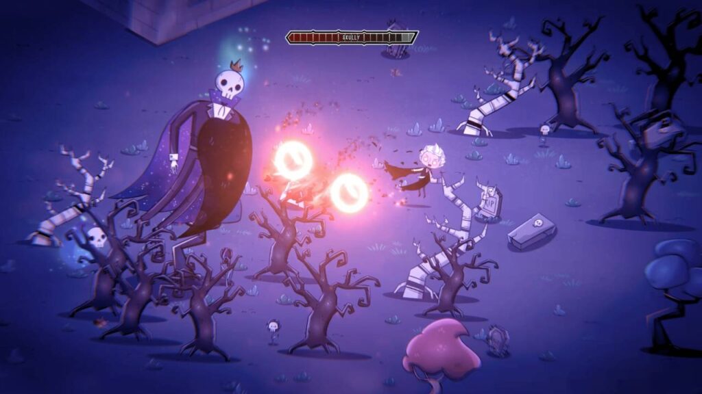 Voltair fights a large skeleton boss on a stage with a purple hue.