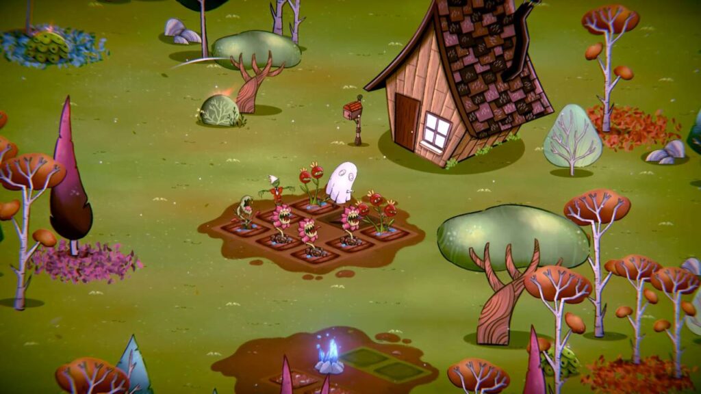 Voltaire wearing the ghost cosmetic while watering a plot of man-eating flowers.