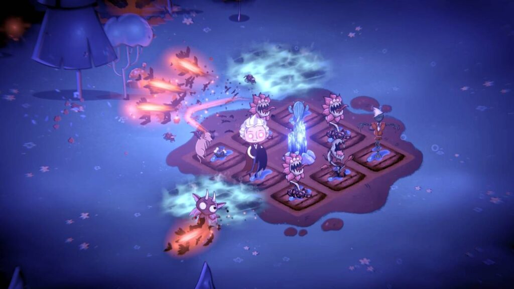 Voltaire stands in a garden plot with lots of ferocious plans that are being attacked by demon creatures.