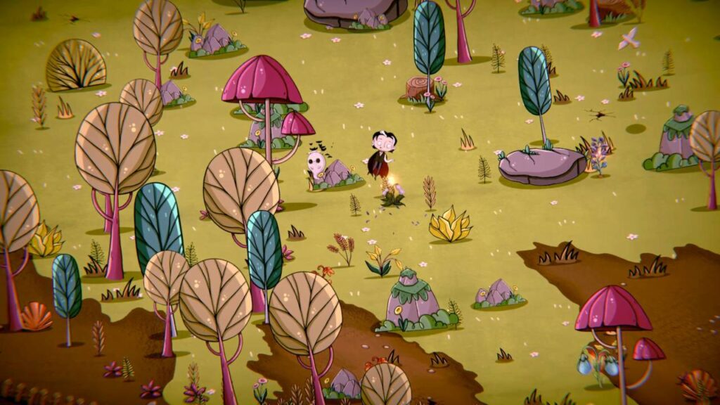 Voltaire leans in to look at a flower on a 2.5d landscape with a brownish tone and stylised trees