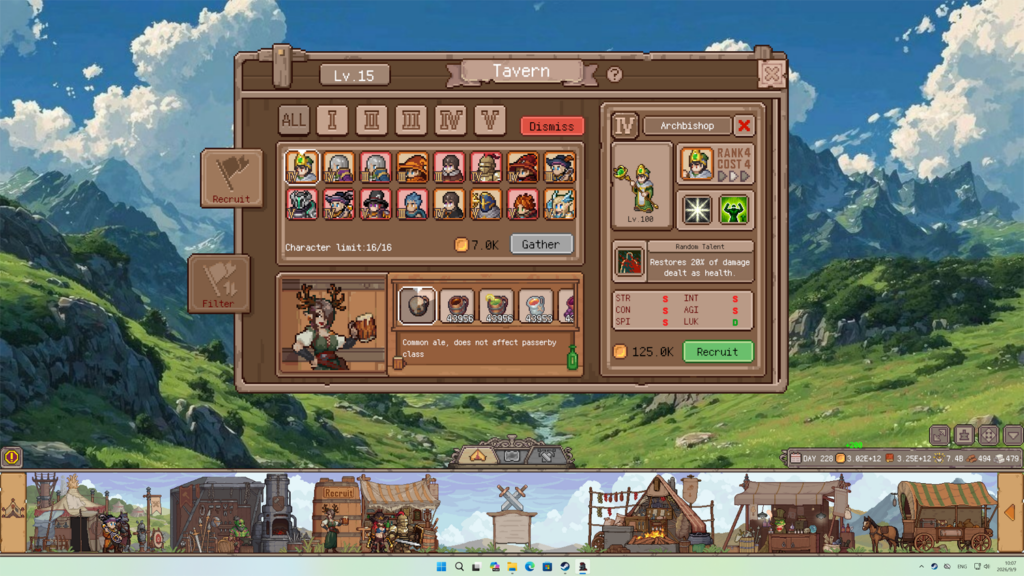 The tavern menu from Duelist: Idle Expedition