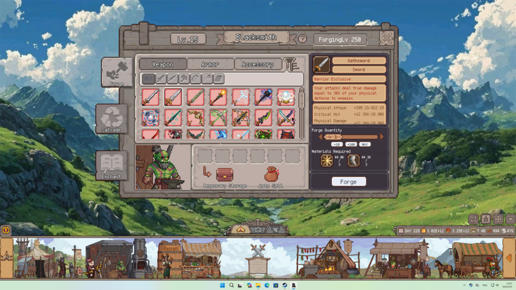 The blacksmith tab from Duelist: Idle Expedition