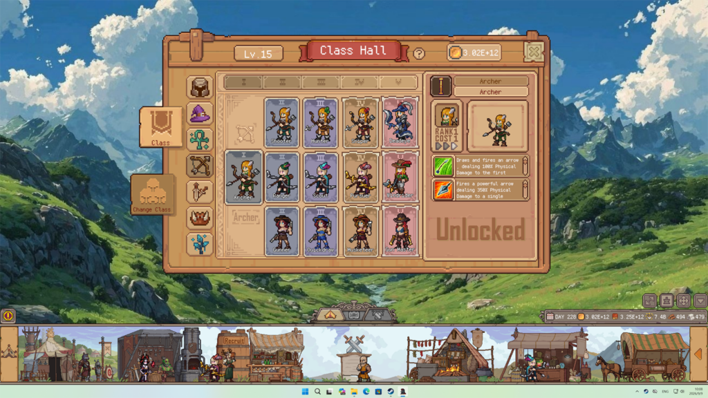 The class hall menu in Duelist: Idle Expedition showing the archer class tree