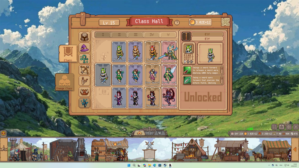 The class hall menu in Duelist: Idle Expedition with the elf class tree