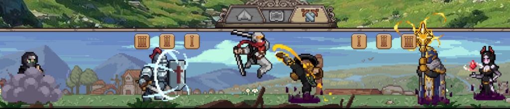 A close up view of Duelist: Idle Expedition as a team of pixellated heroes fight villains.