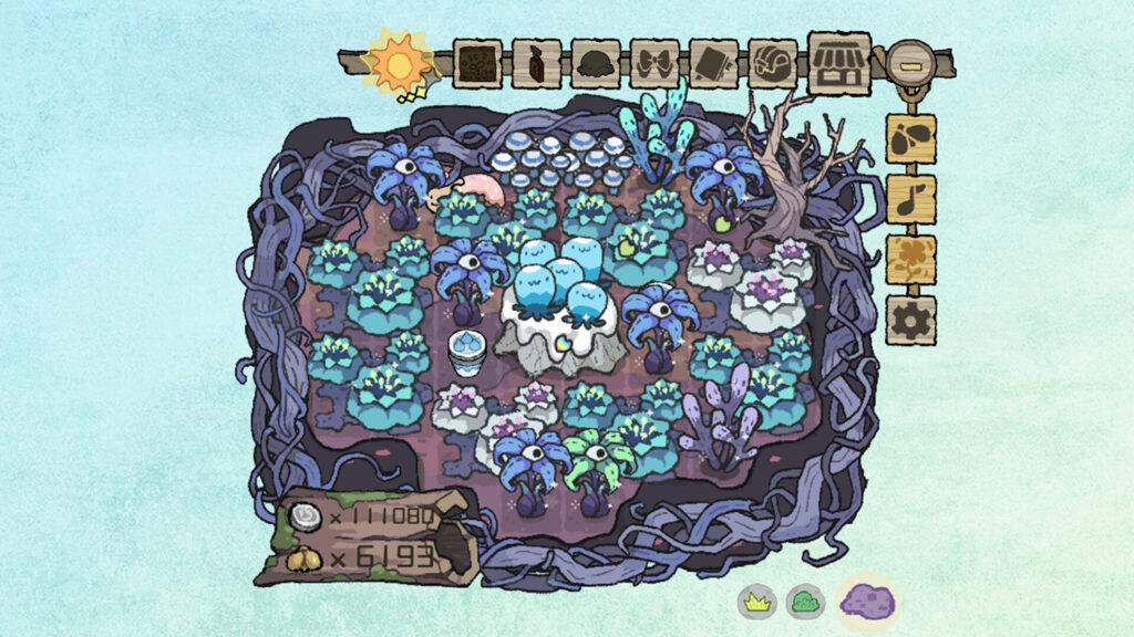 A BuGarden flower bed filled with mushrooms in blue and purple tones.