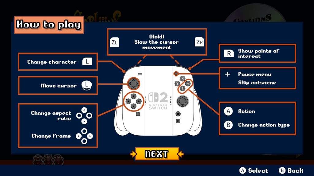 Gobliiins Collection - A diagram showing the button mapping for each button on a Switch 2 controller