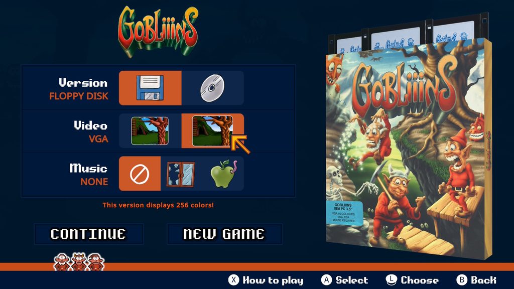 Gobliiins Collection - A menu showing all the options available for playing Gobliiins. This includes a choice of version, video style and music.