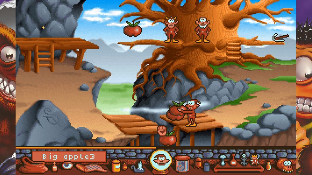 Gobliiins Collection - A screenshot of gameplay from Gobliiins. Two goblins stand in a tree while another tries to drop a giant tomato to bridge a gap.