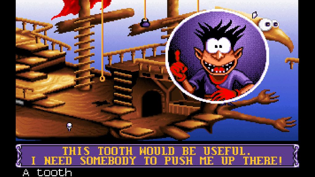Gobliiins Collection - A screenshot of gameplay from Goblins 3. A goblin looks at camera with text that says "This tooth would be useful. I need somebody to push me up there!"