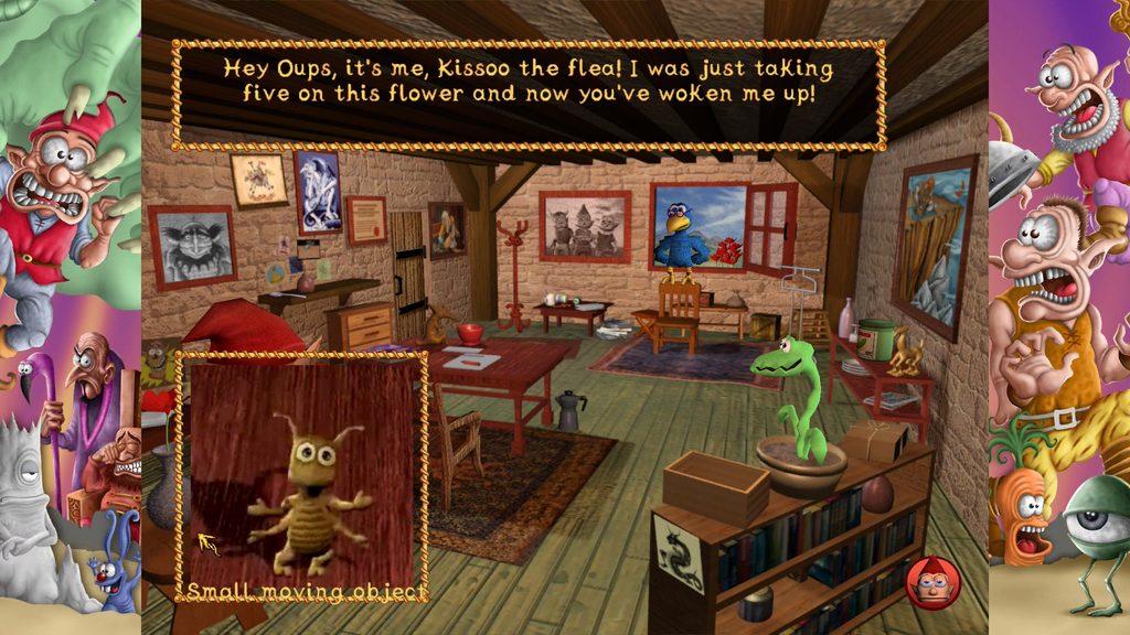 Gobliiins Collection - A screenshot of gameplay from Goblins 4. The screen is zooming in on a flea who is saying "Hey Oups, it's me, Kissoo the flea! I was just taking five on this flower and now you've woken me up!"