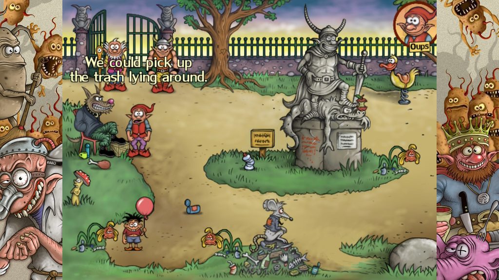 Gobliiins Collection - A screenshot of gameplay from Gobliiins 5. A return to a 2D game with three goblins standing in the middle of a park filled with rubbish. The caption above one goblin says "We could pick up the trash lying around."