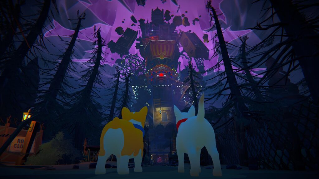The protagonist dogs look up at a spooky fair ground in Haunted Paws