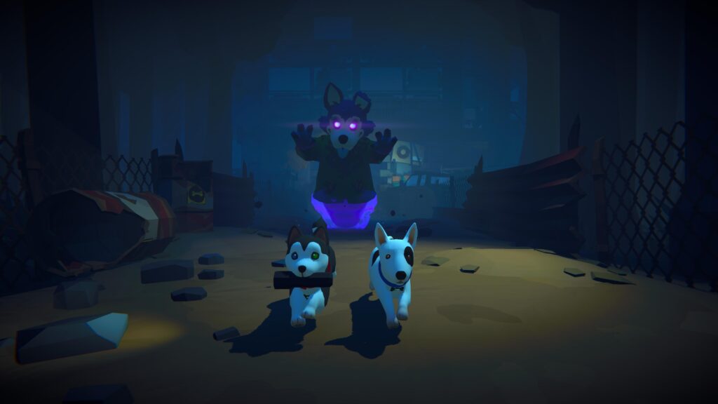 Image shows both dogs running from a glowing eyed monster.