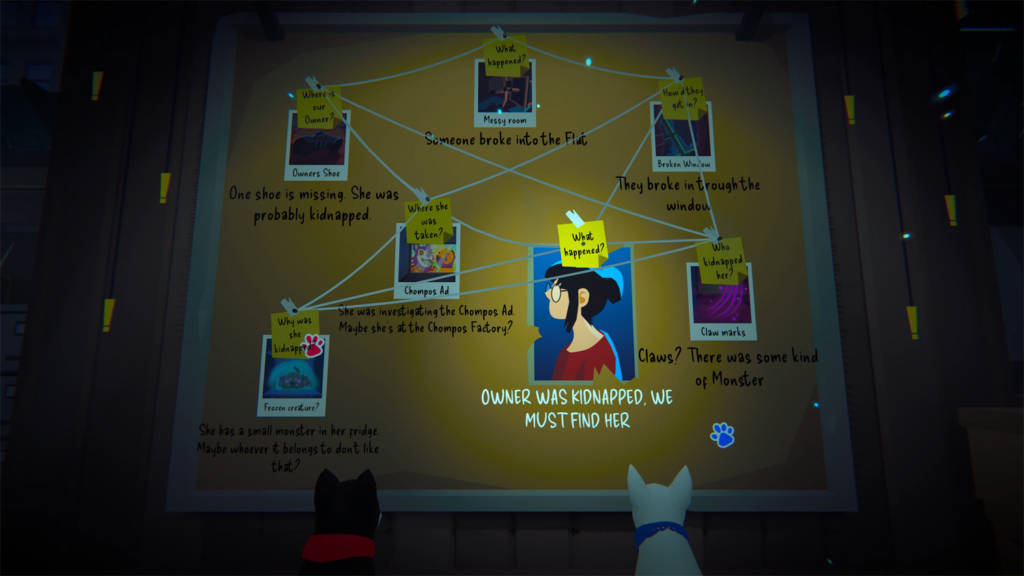 Image shows the evidence board with clues we have found linking everything together with string.
