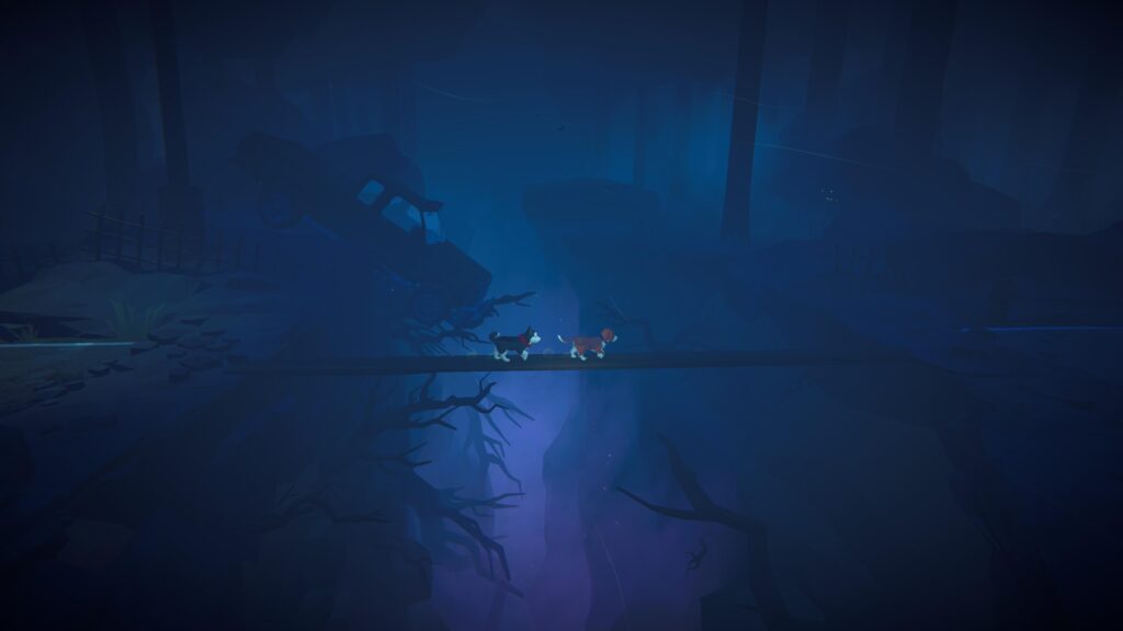 An image of both dogs running across a board above a canyon in a dark spooky woods.