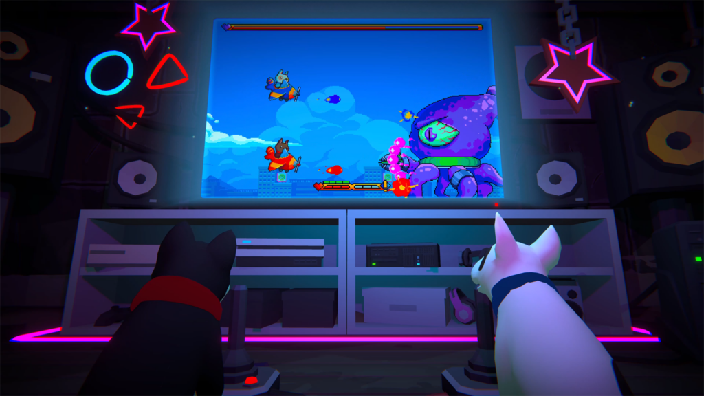 The two protagonist dogs from Haunted Paws looking at a gaming screen.