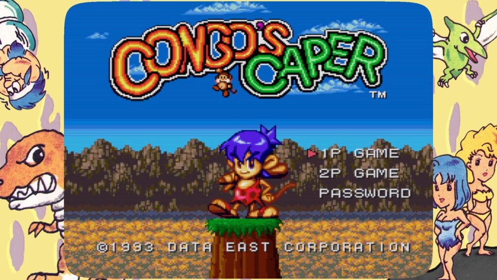 Congo's Caper starting screen with a cave-child shanding on a mound of grass with a bat over his shoulder 