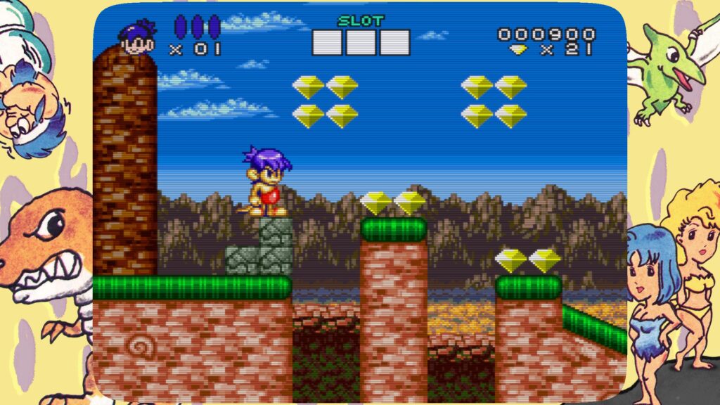 Congo's caper gameplay showing platforming challenges in pixel art sprites with gems to collect