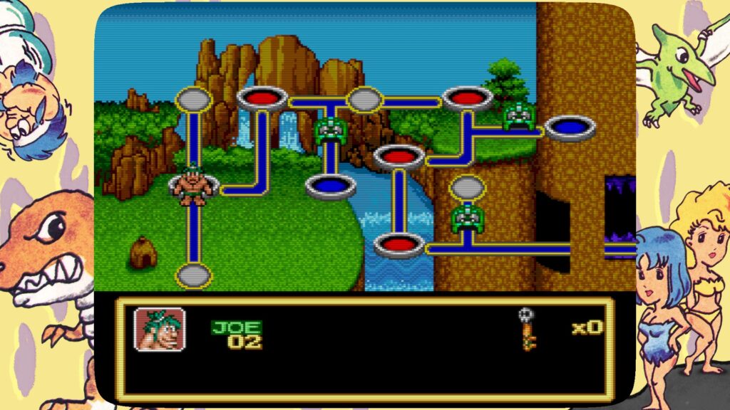  Joe & Mac 1 Map screen with pixel art  graphics showing the levels as dots on the landscape