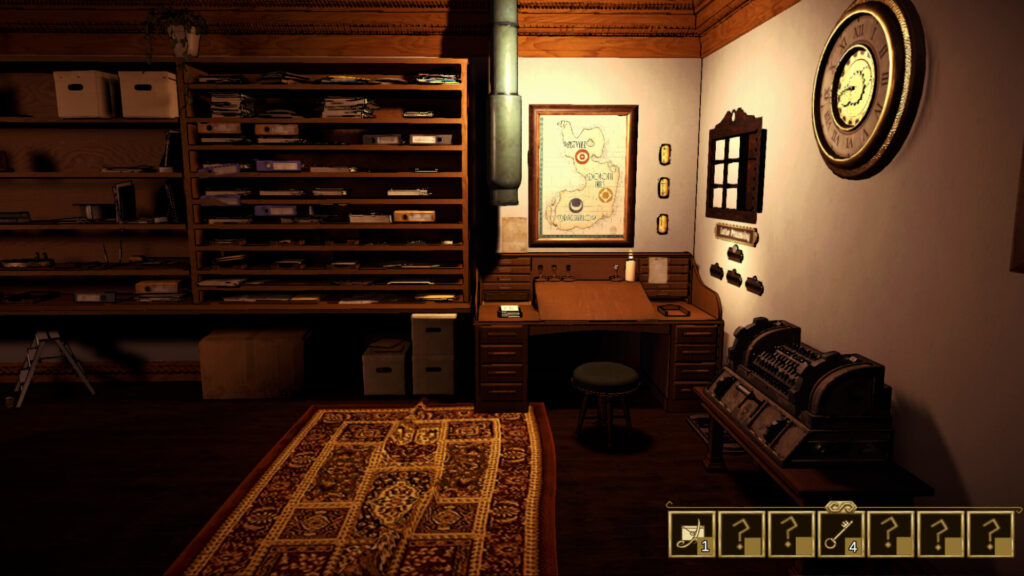 the corner of the office which house the mail sorting desk. a map of the island with three districts is on the wall. a clock and a shredder are also visible