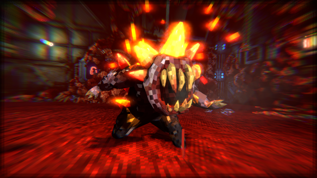 moros protocol - the first boss makes his appearance, the room has a layer of blood on the floor and the bosses head is nothing but a fanged jaw