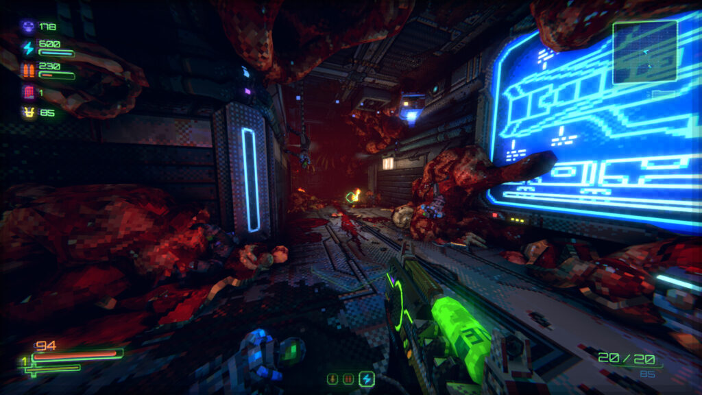 the player is moving at speed down an organic overgrown tunnel, more player models can be seen encased in the surrounding flesh
