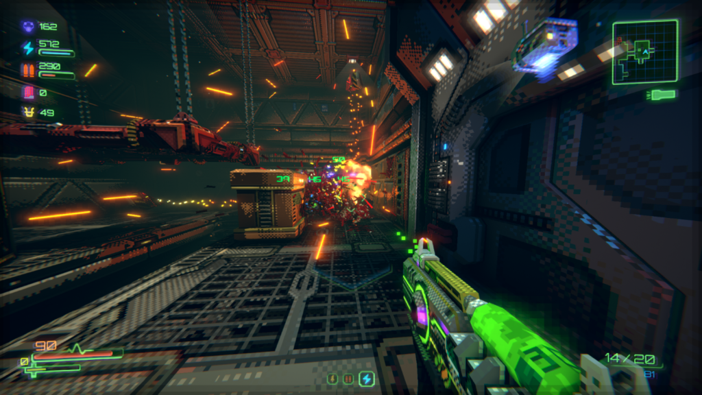 the player firing a plasma gun into a crowd of enemies causing an explosion