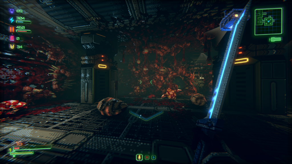 Moros Protocol - the walls of a metal room are being overrun by organic growths which also contain toothy maws and eyeballs