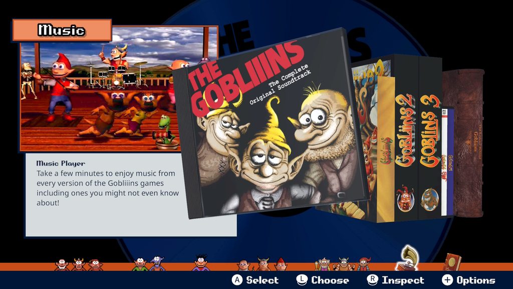 Gobliiins Collection - An option on the main menu showing a CD that says "The Gobliiins: the complete original soundtrack"