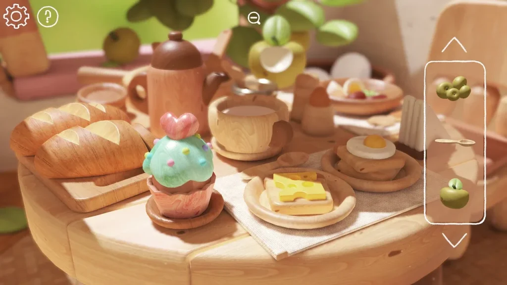 A complete full colour table with bread, cake and other food in Woodo.