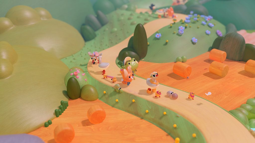 Foxy and Ben walking along a country path followed by all the animal friends they made along the way in Woodo
