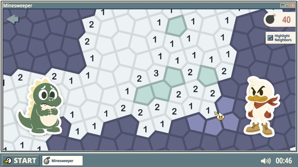 The Minesweeper: Next-Gen board with lots of highlights and numbers showing the locations of possible bombs.