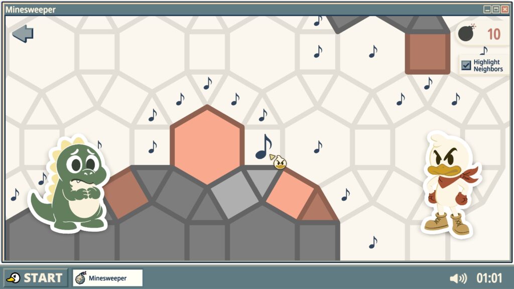 The Minesweeper: Next-Gen board with lots of highlights and numbers showing the locations of possible bombs.