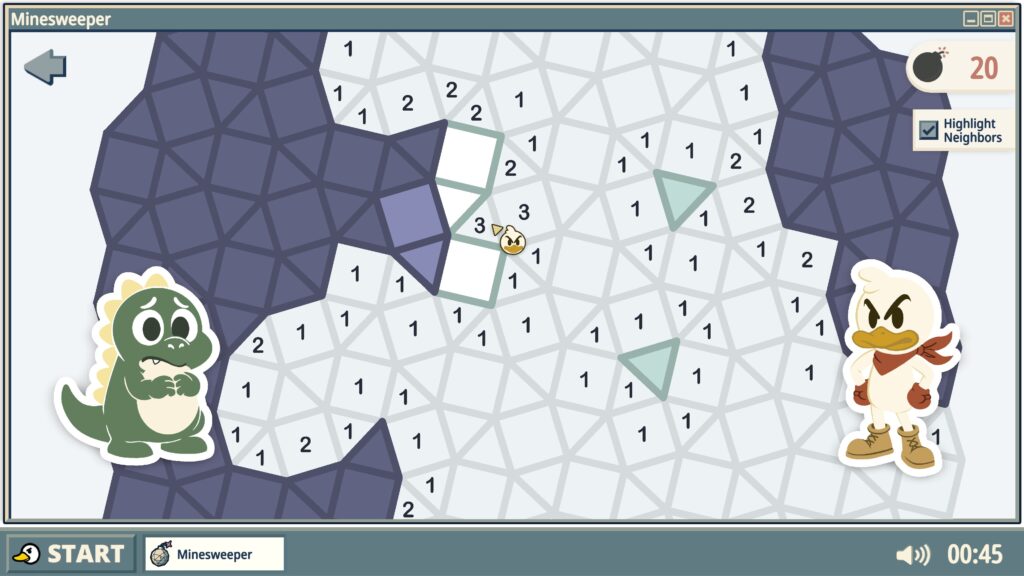 The Minesweeper: Next-Gen board with lots of highlights and numbers showing the locations of possible bombs.