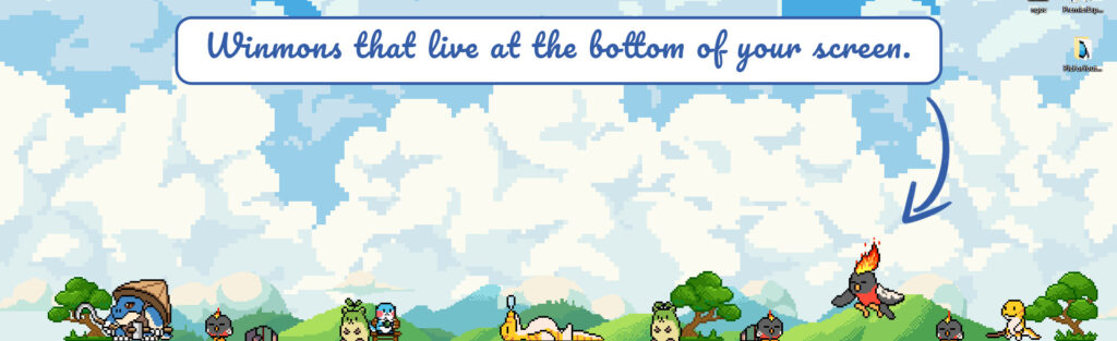 the Winmon game screen with lots of happy pixel art creatures running around
